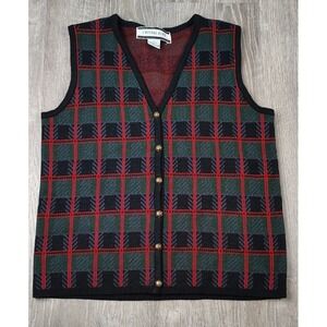 Crystal Kobe Small V Neck Vest Gold Button Dark Academia‎ Holiday Plaid Vtg